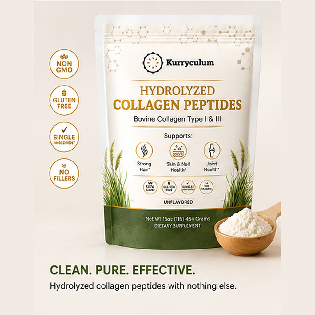 Kurryculum Grass-Fed Collagen Peptides — Type I & III, Unflavored (16 oz, 45 Servings)