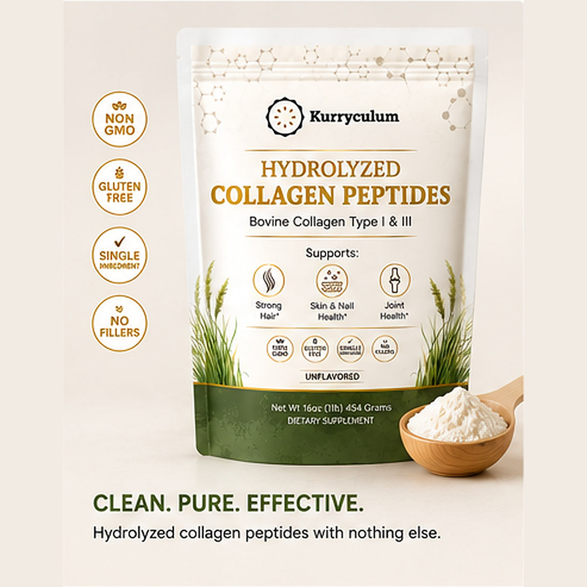 Kurryculum Grass-Fed Collagen Peptides — Type I & III, Unflavored (16 oz, 45 Servings)