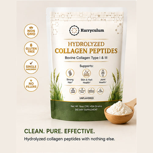 Kurryculum Grass-Fed Collagen Peptides — Type I & III, Unflavored (16 oz, 45 Servings)