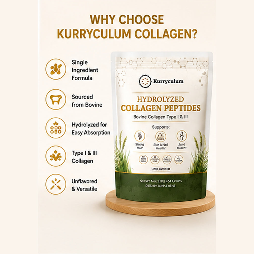 Kurryculum Grass-Fed Collagen Peptides — Type I & III, Unflavored (16 oz, 45 Servings)