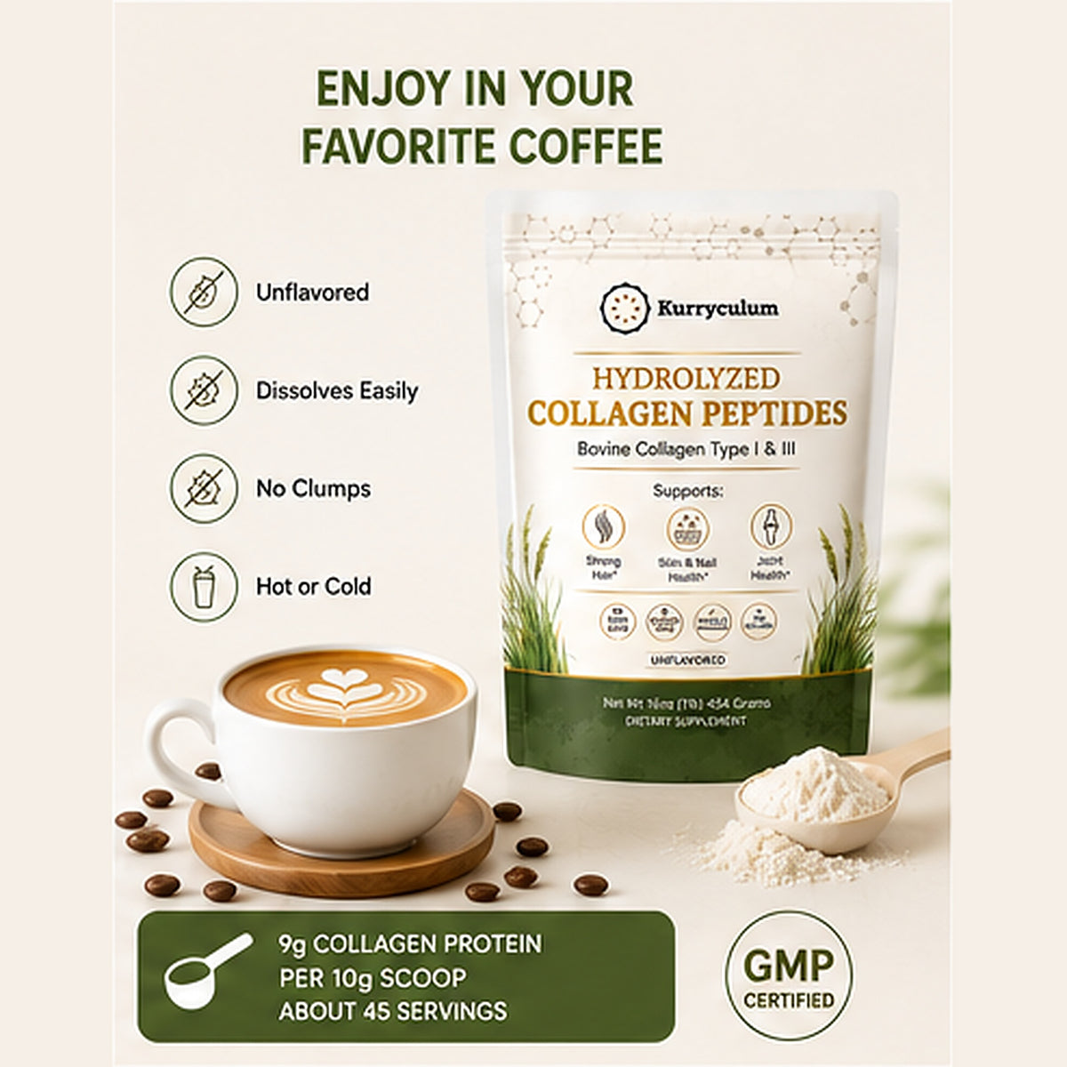Kurryculum Grass-Fed Collagen Peptides — Type I & III, Unflavored (16 oz, 45 Servings)