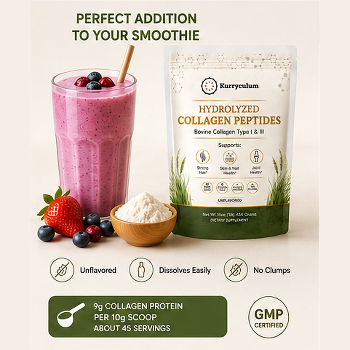 Kurryculum Grass-Fed Collagen Peptides — Type I & III, Unflavored (16 oz, 45 Servings)