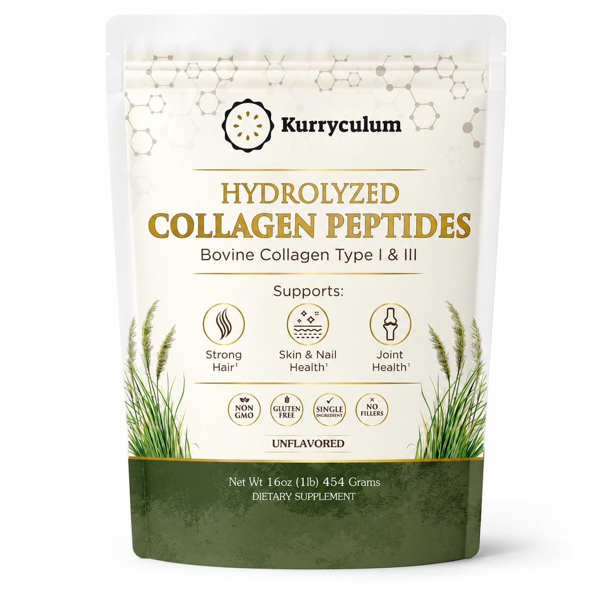 Kurryculum grass-fed collagen peptides Type I and III unflavored front label