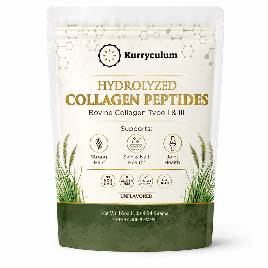 Kurryculum Grass-Fed Collagen Peptides — Type I & III, Unflavored (16 oz, 45 Servings)