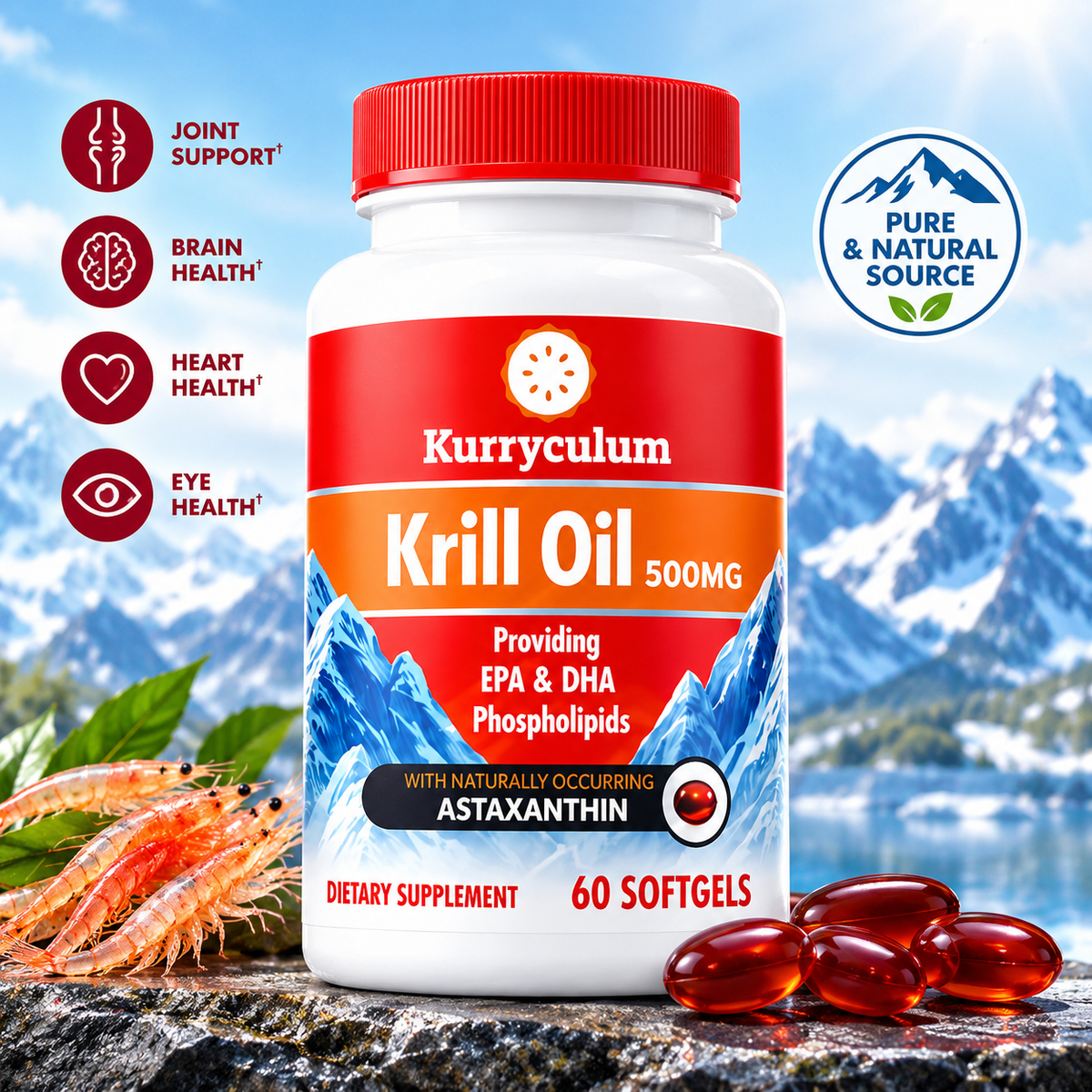 Kurryculum Krill Oil 500mg — Burpless Omega-3 with Astaxanthin (60 Softgels)