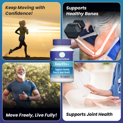 BoneVite+ bottle with walking and exercise lifestyle scenes